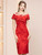 Red Scoop Neck Print Beading Mother of the Bride Dress