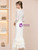 Beige White Long Sleeve V-neck Lace Mother of the Bride Dress