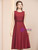 Burgundy Scoop Neck Appliques Pearls Mother Of The Bride Dress