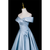 Blue Satin Off the Shoulder Pleats Prom Dress