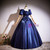 Navy Blue Puff Sleeve Pleats Quinceanera Dress