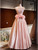 Pink Satin Strapless Beading Flower Prom Dress