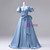 Blue Satin Puff Sleeve Quinceanera Dress
