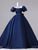 Navy Blue Puff Sleeve Flower Quinceanera Dress