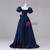 Navy Blue Puff Sleeve Pleats Flower Quinceanera Dress