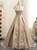 2017 Champagne Prom Dresses A-line V-neck Cap Sleeves Satin Appliques Lace Prom Gown