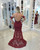 Fashion Burgundy Appliques Lace Mermaid Evening Dresses with Short Sleeves