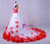Red tulle ball gown skirt with sweep train on two piece prom dress