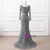 Handmade gray sequin mermaid prom dress with sheer beaded long sleeves.