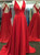 Red Satin Backless V Neckline Side Slit Sexy Prom Dresses