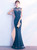 In Stock:Ship in 48 hours Blue Satin High Neck Mermaid Prom Dress
