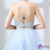 Blue Two Piece Halter Backless Tulle Beading Cocktail Dress