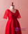 Plus Size Red Lace Tulle Short Sleeve V-neck Prom Dress