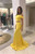 Two Piece Off the Shoulder Yellow Mermaid Satin Long Prom Dress