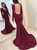 Sexy Mermaid Burgundy V-neck Long Sleeve Backless Prom Dress