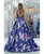 Royal Blue Floral Printed Satin Backless Prom Dress