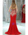 Long Halter Mermaid Appliques Lace Red Prom Dress