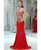 Long Halter Mermaid Appliques Lace Red Prom Dress