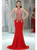 Long Halter Mermaid Appliques Lace Red Prom Dress