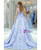 Long V Neck Floral Print Blue Satin Prom Dress