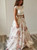 Two Piece White Lace and Floral Print Backless Prom Dress