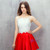 White Lace Red Satin Spaghetti Straps Two Piece Homecoming Dress