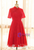 Plus Size Red Lace Short Sleeve Tea Length Prom Dress