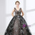 Black Ball Gown Tulle V-neck Backless Appliques Prom Dress