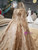 Gold Ball Gown Off The Shoulder Appliques Long Train Wedding Dress