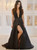 A-Line Deep V-Neck Backless Black Satin Beading Prom Dress