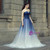 Blue White Tulle Strapless Backless Sleeveless Floor Length Wedding Dress