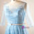 Plus Size Blue Tulle Print Short Sleeve Backless Prom Dress