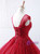 Ball Gown Burgundy Tulle Appliques Backless Wedding Dress