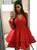 A-Line Red Satin Long Sleeve V-neck Mini Homecoming Dress