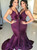 V Neck Purple Mermaid Satin Backless Bridesmaids Dresses