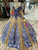 Gold Ball Gown Sequins Long Sleeve Blue Appliques Wedding Dress