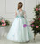 White Tulle Blue Appliques V-neck Long Sleeve Flower Girl Dress