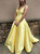 A-Line Yellow Satin V-neck Backless Floor Length Prom Dress