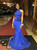 Blue Mermaid Satin Halter Backless Appliques Prom Dress