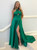 Green Satin Halter Cut Out  Backless Prom Dress With Side Split