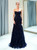 Navy Blue Sheath Sweetheart Neck Tulle Pleats Prom Dress