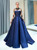 A-line Blue Satin High Neck Long Sleeve Prom Dress With Beading