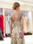 Light Champagne See Through Tulle Sequins 3/4 Sleeve Prom Dress