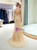 Champagne Tulle Sequins Mermaid Backless Long Sleeve Prom Dress