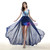 Blue Chiffon Print V-neck Appliques Sequins Prom Dress