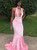 Keyhole Pink Mermaid Halter Neck Beads Sequins Prom Dress