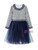 Close up of soft layered tulle skirt on a gray long sleeve girls dress