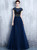 Navy Blue Tulle Cap Sleeve Long Prom Dress With Sequins