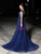 Navy Blue Tulle Mermaid Cap Sleeve With Beading Prom Dress