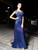 Navy Blue Tulle Mermaid Cap Sleeve With Beading Prom Dress